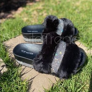 Bedazzled Rhinestone Fur Chunky Platform Slides